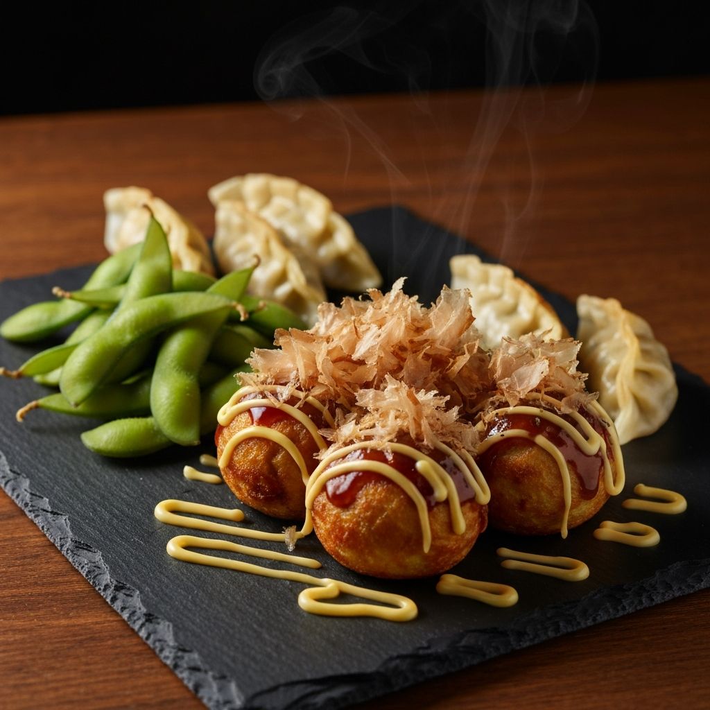 Japanese appetizers platter with takoyaki, edamame and crispy gyoza on a dark slate plate