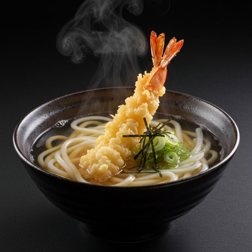 Steaming bowl of Japanese tempura udon noodles in clear broth with crispy tempura