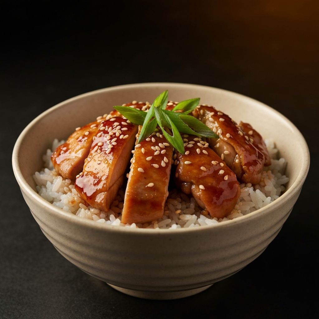 Japanese teriyaki chicken rice bowl in a ceramic bowl with glossy sauce and garnish