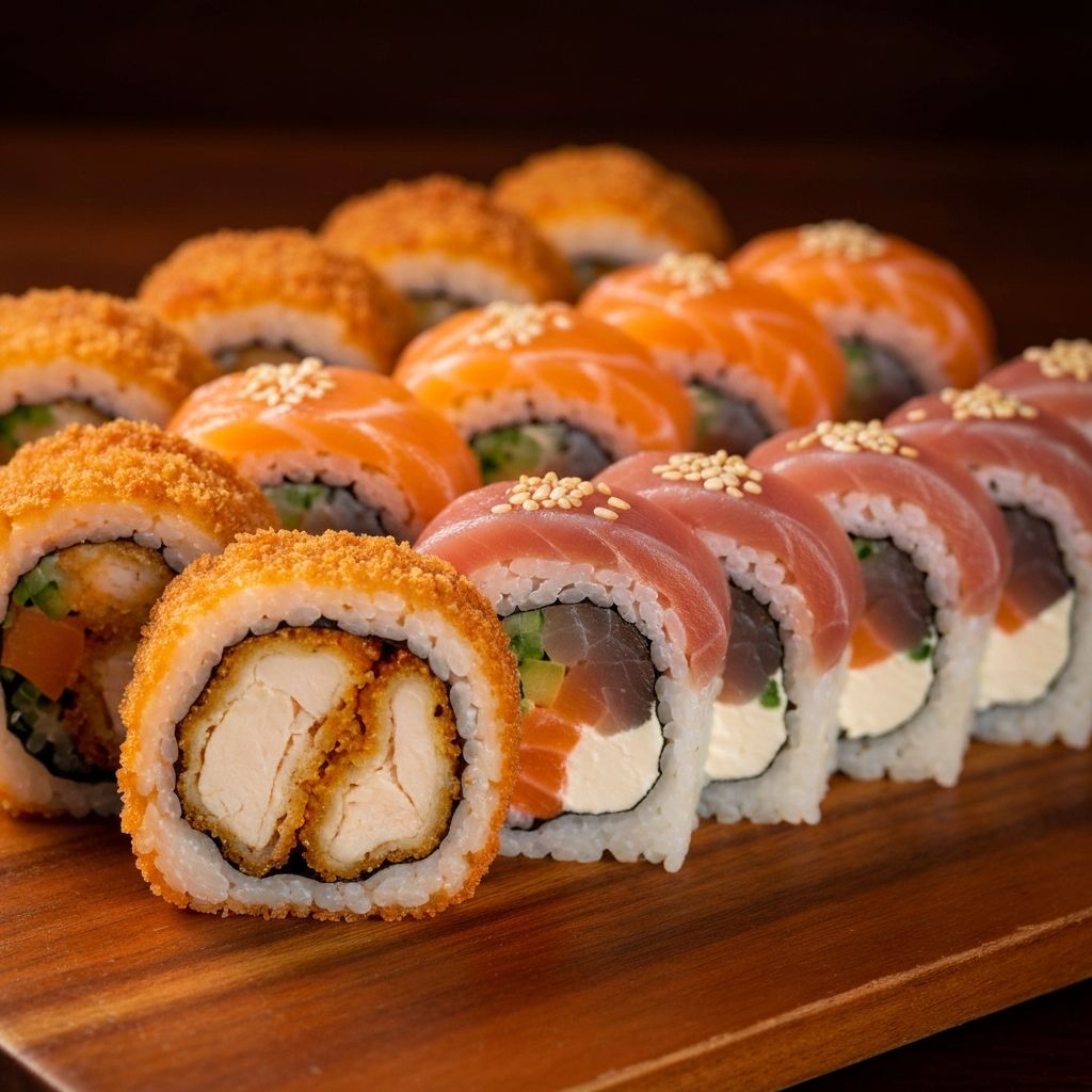 Assorted fresh Japanese sushi rolls sliced and arranged on a dark wooden board